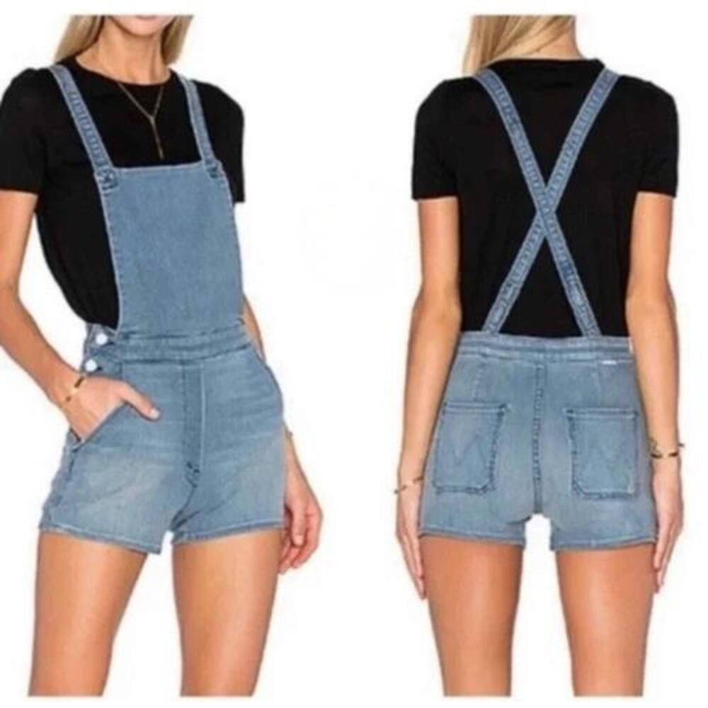 MOTHER Denim Swooner Short Overall in Unexpected Storm Light Wash - Size 24